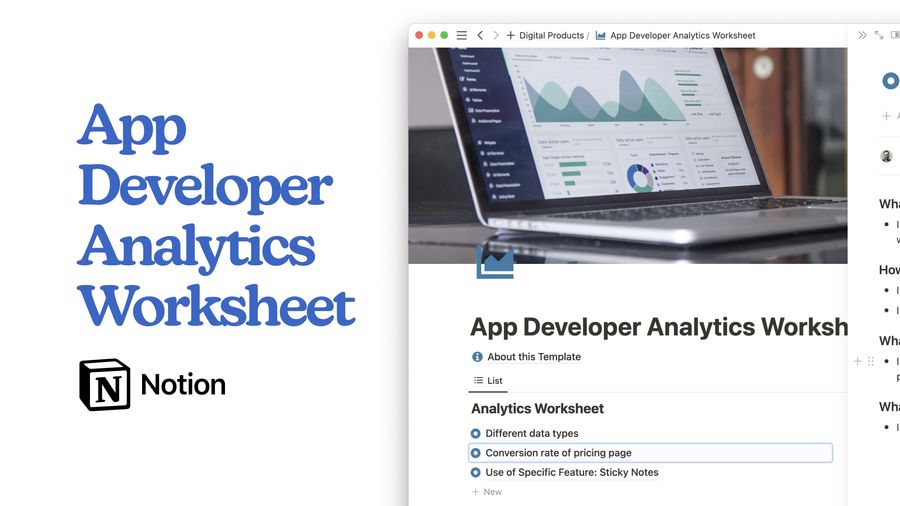 This App Developer Analytics Worksheet Notion Template is a simple tool to help you intentionally add analytics to your app.